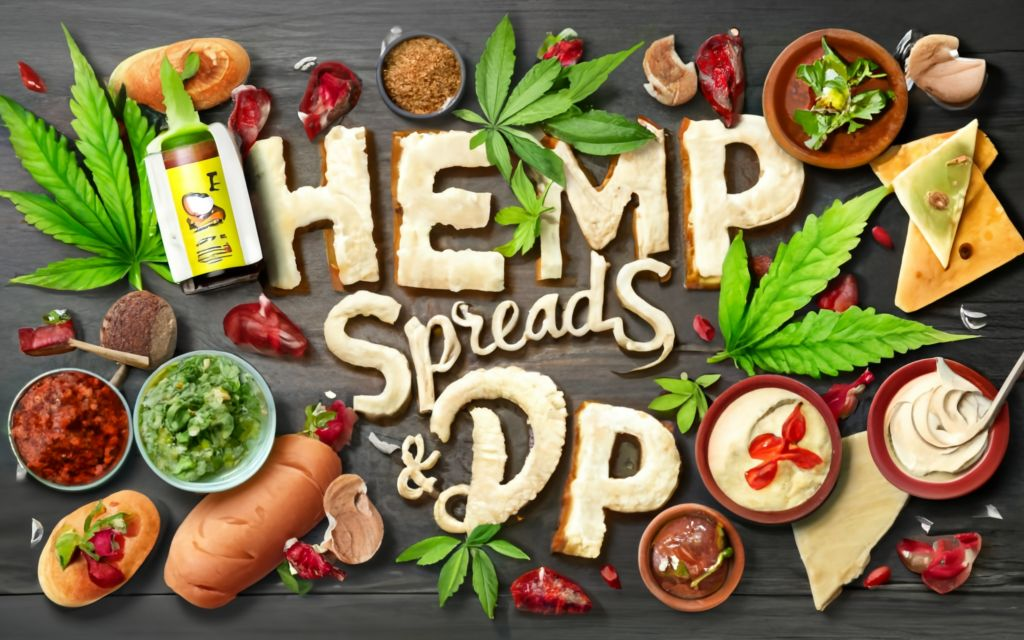 "HEMP SPREADS & DIP " - Text with no tagline. with bottles and bowls, in the cannabis leaf background and Hemp SPREADS & DIP with food items.