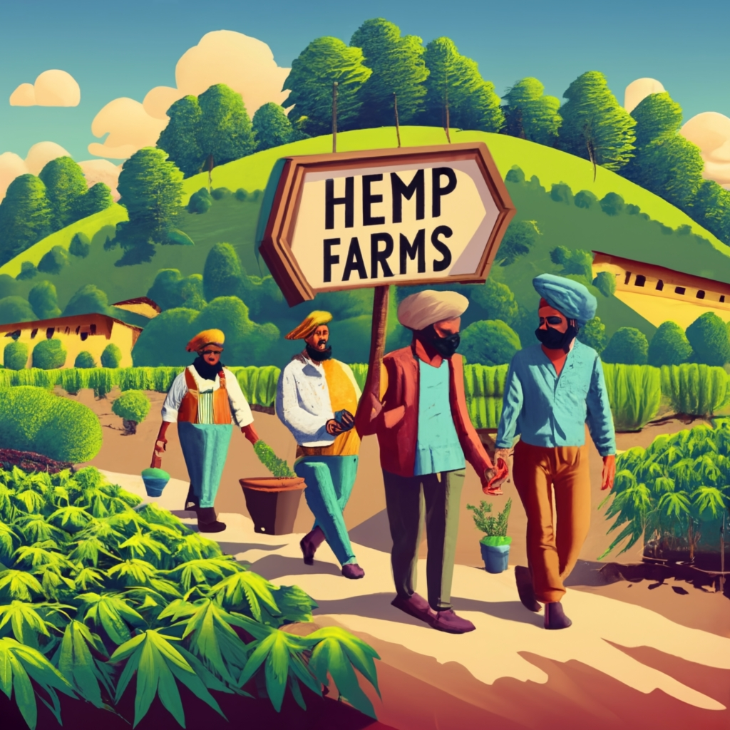 create an image of a Indian hemp cultivation farm, farmers and businesses on the side, Indian farms, indian map, people taking hemp, people using hemp products, people helping farmers", 3d render, conceptual art