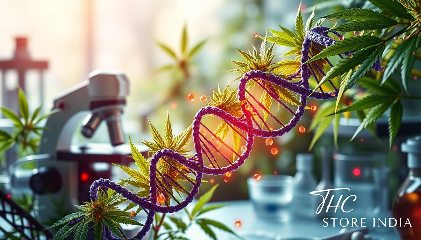 A vibrant and intricate depiction of cannabis plants intertwined with DNA strands, showcasing the concept of epigenetic modifications. Include elements like a microscope, laboratory equipment, and vibrant cannabinoids, all set in a medical research environment. The background features soft, ethereal light to symbolize the scientific exploration of cannabis in medicine. Incorporate visual motifs of health and wellness, such as DNA double helix patterns blending with green leaves, emphasizing the synergy between nature and science. In the corner, subtly include the brand name "THC STORE INDIA" in elegant script without disrupting the overall scene.