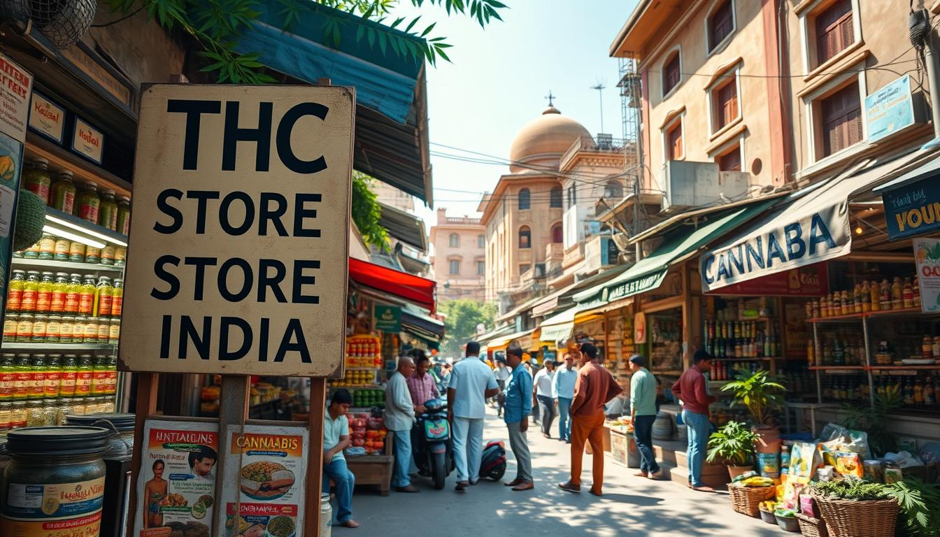 A serene, sun-dappled scene of a bustling Indian street market, with vibrant stalls displaying a diverse array of natural herbal remedies. In the foreground, a prominent sign reads "THC STORE INDIA", showcasing the legal status and availability of cannabis in this progressive region. The middle ground features shopkeepers tending to their wares, engaging with curious customers, while the background is filled with the rich architectural details of traditional Indian buildings. The overall atmosphere is one of openness, community, and a growing acceptance of this ancient medicinal plant within the modern Indian context.