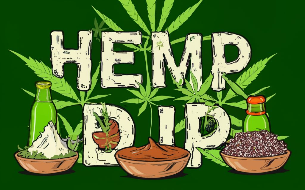 "HEMP DIP " - Text with no tagline. with bottles and bowls, in the cannabis leaf background and Hemp DIP with food items.