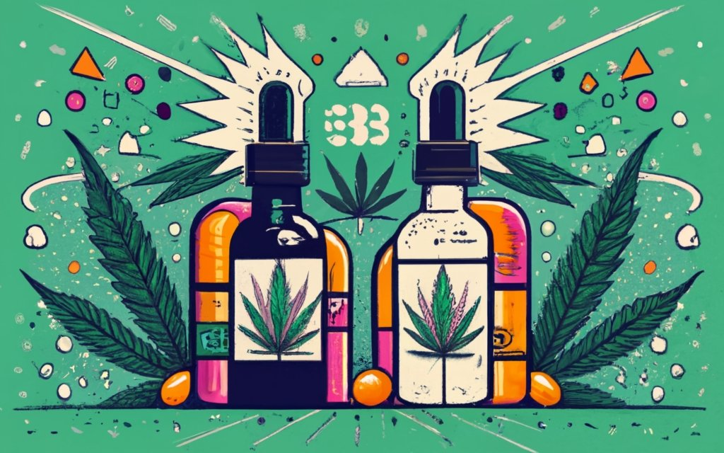 CBD oil vs CBD Tincture, Use two different bottles, a divider in between in the shape of a lighting, one bottle has CBD written on it, other bottle has hemp leaf. use vibrant colors, and put hemp leaves around, illustration, conceptual art, typography, product