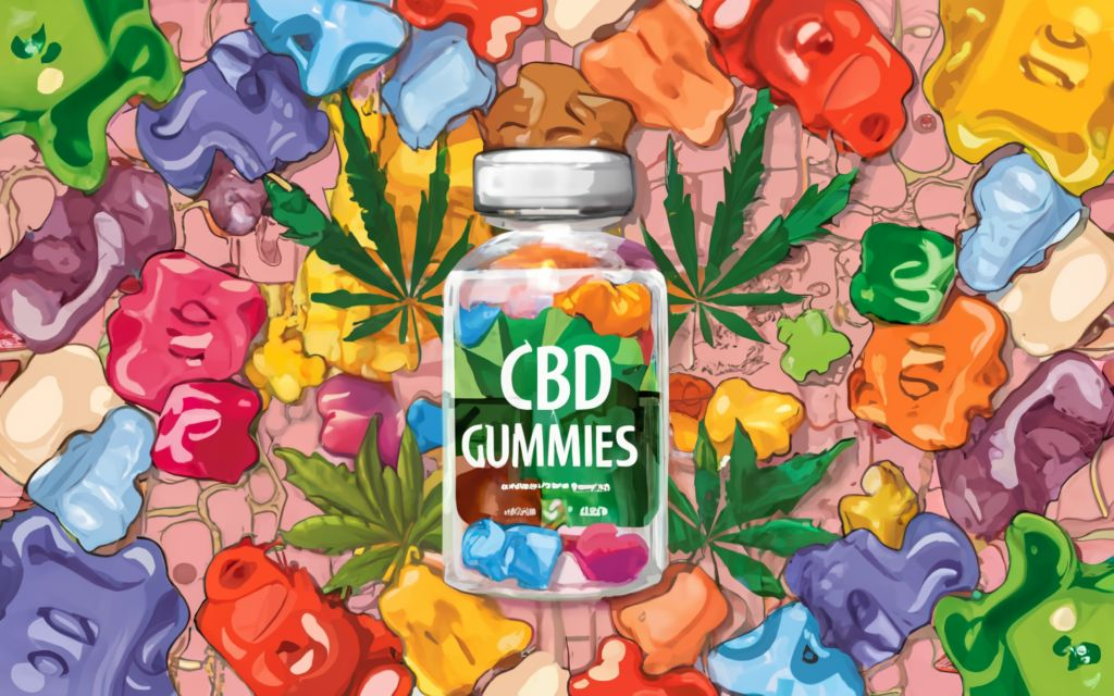 "CBD Gummies" - Text with no tagline. with bottle with no label of cbd gummies in the background is images of CBD Gummies and Cannabis leaves in patchwork art style, divided in differents seccions with diferents styles of patchwork in very colorfull, conceptual art, anime, vibrant
