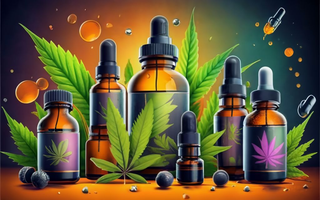 Vijaya leaf Extract, Cannabis leaf background with multiple tinctures bottles, and Vijaya leaf Extract Bottles., vibrant, conceptual art, illustration, product, typography, Discover the Benefits of Vijaya(Cannabis) Leaf Extract