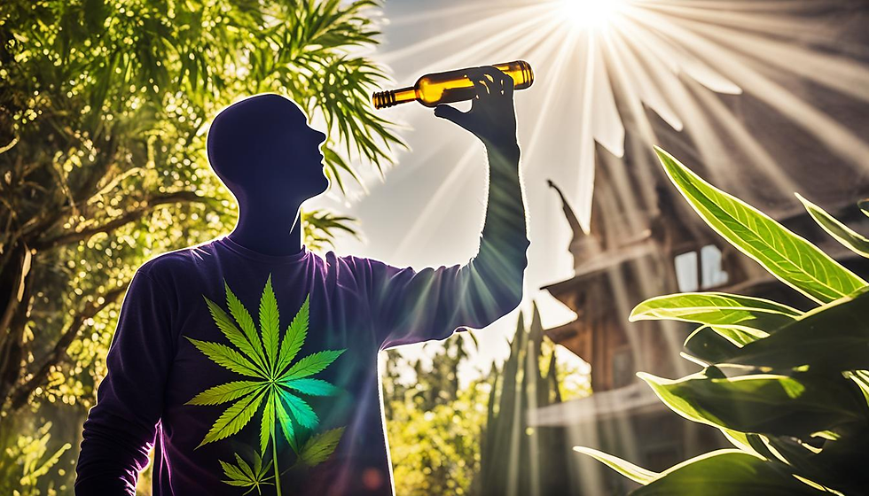 A silhouette of a person with cancer standing under a bright sun in front of a traditional Indian home, with rays of light shining on them. The person holds a bottle of THC oil in their hand and is looking towards the horizon with hope and determination. Surrounding the person are various plants commonly used in Ayurvedic medicine, symbolizing the natural remedies available in India. In the background, there is a lush green landscape with rolling hills and a clear blue sky.