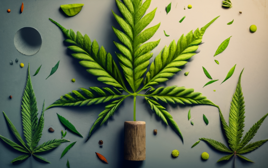 Hemp leaf resting on a small hempcrete block
