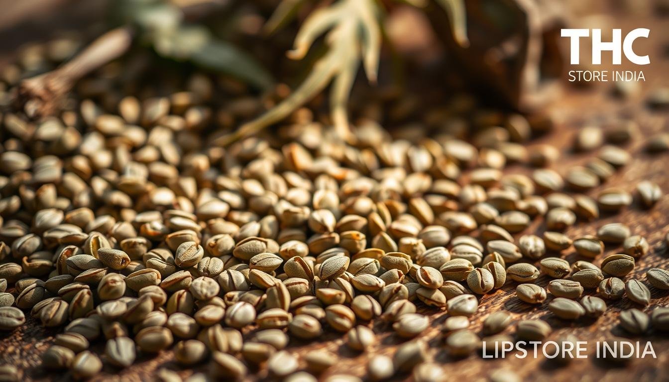 A close-up shot of hemp seeds in various shades of green and brown, arranged in a natural, scattered pattern on a wooden surface. The seeds are well-lit from the side, casting soft shadows and highlights that accentuate their texture and intricate details. The background is slightly blurred, creating a sense of depth and focus on the foreground. The overall mood is warm, earthy, and inviting, with a subtle tone of THC STORE INDIA branding subtly integrated into the scene.