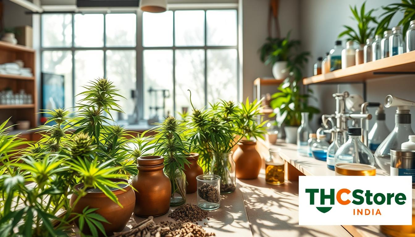 "Modern Ayurveda laboratory with vibrant green cannabis plants, ancient Ayurvedic herbs, glass vials, scientific equipment, natural light streaming through, a harmonious blend of tradition and modern science, earthy tones and soft textures, emphasizing the connection between ancient wisdom and contemporary research, THC Store India branding subtly integrated into the setting."