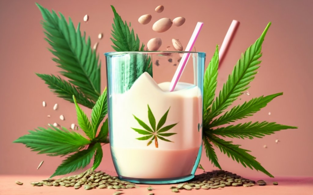 create an image of a Glass of hemp milk, with a bowl of hemp seeds, a bowl of hemp hearts, hemp leaves around in the background, with a title - "HEMP MILK" in the center. , typography, 3d render, conceptual art, illustration