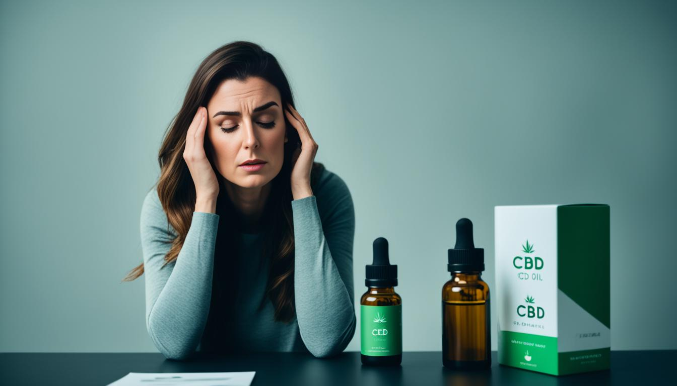 A woman sitting at a desk with her head in her hands, looking very stressed. A bottle of CBD oil sits on the desk beside her, with a dropper next to it. The room around her is dark and quiet, giving off a sense of calm.