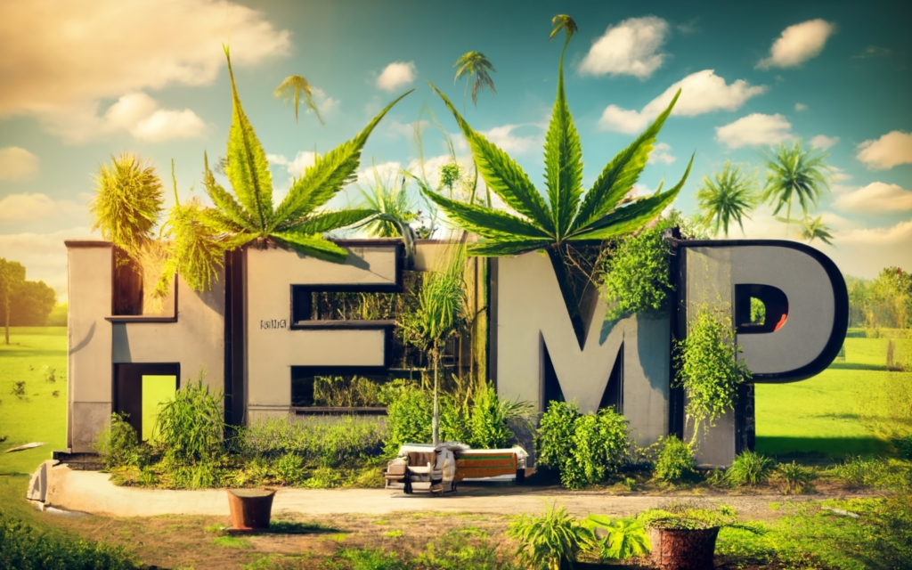 create an image of a Indian hemp cultivation farm, farmers and businesses on the side, with the title "Hemp", 3d render, typography, conceptual art