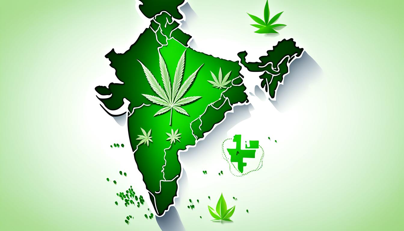 A stylized map of India with green and white color scheme, highlighting regions where medical cannabis is legal. Show a green cross symbol in these regions to represent dispensaries or clinics that offer medical cannabis products. Add a shadow effect to signify the ambiguity surrounding the legality and accessibility of medical cannabis in India. Use a flat, simplistic design to convey a sense of clarity and straightforwardness.