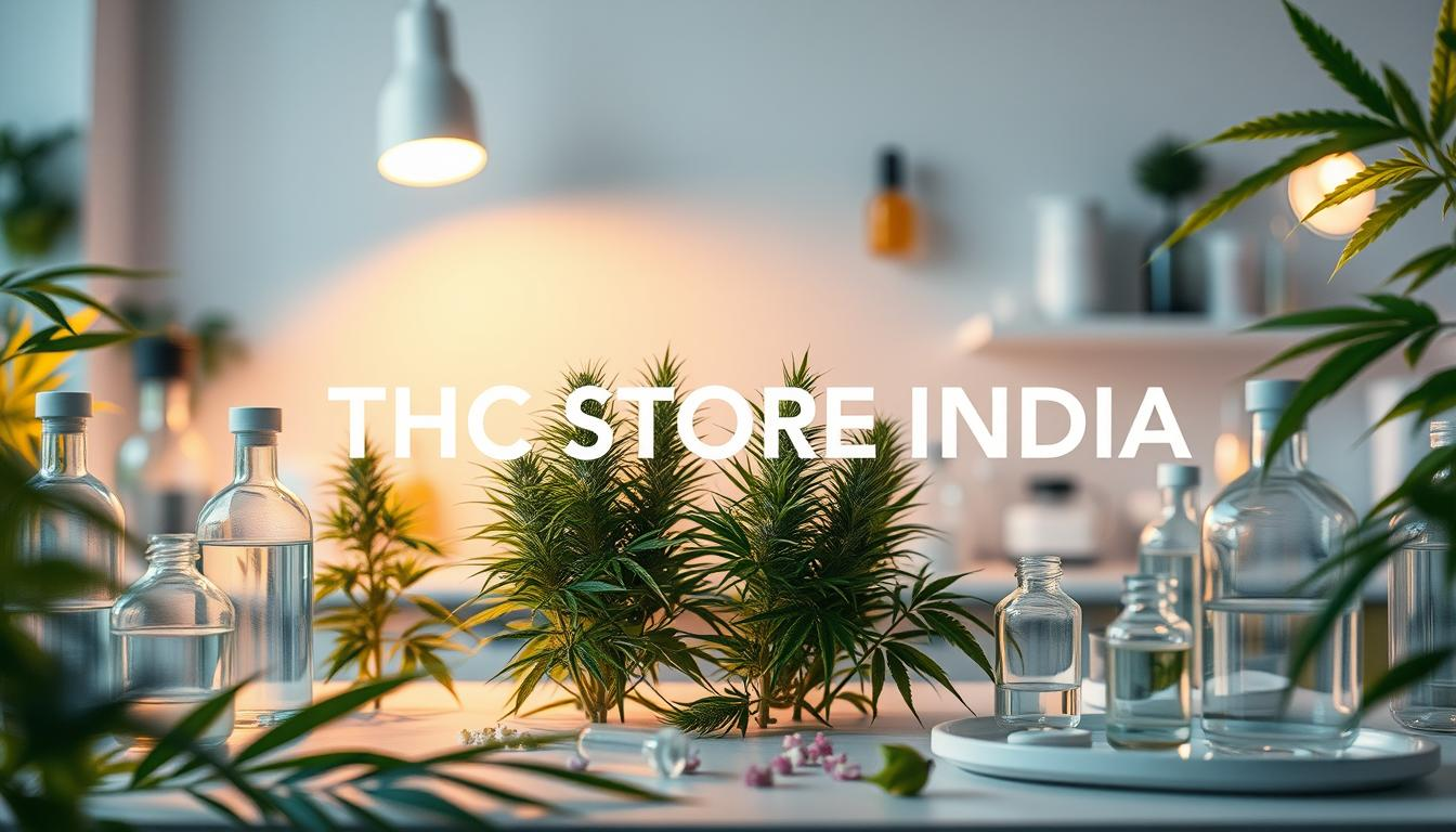 A serene wellness scene showcasing a laboratory setting with CBG-rich hemp plants, glass vials, and scientific equipment, complemented by soft, calming colors and natural elements like leaves and flowers. The atmosphere conveys a sense of healing and tranquility. The brand name "THC STORE INDIA" subtly integrated into the background as part of the environment.