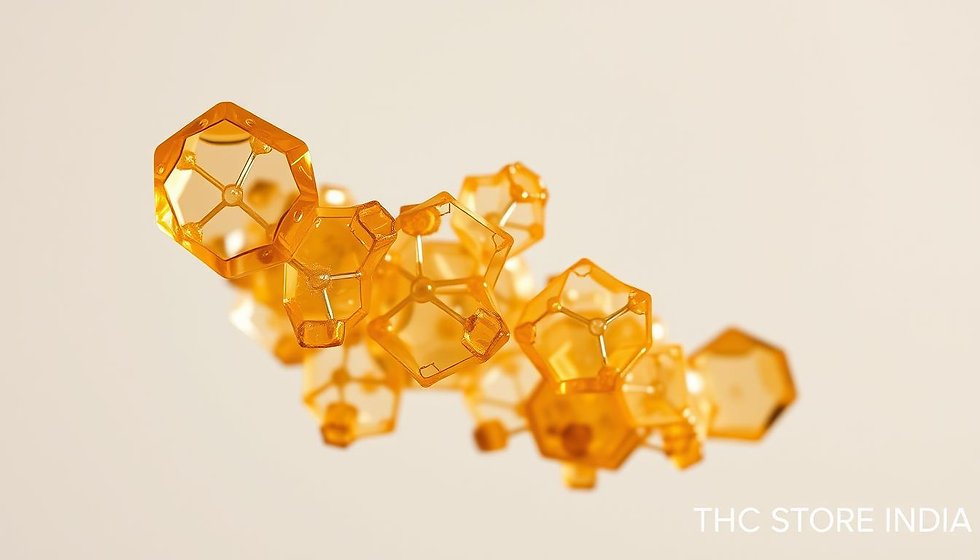 A high-quality, closeup image of a crystalline structure of cannabidiolic acid (CBDA) against a plain, neutral background. The crystals should be displayed in vivid detail, capturing their unique molecular patterns and intricate geometric forms. The lighting should be soft and diffuse, gently highlighting the transparent, amber-hued appearance of the CBDA crystals. The composition should emphasize the scientific and medicinal nature of the subject, conveying a sense of purity, potency, and therapeutic potential. In the bottom right corner, include the text "THC STORE INDIA" in a subtle, non-intrusive manner.