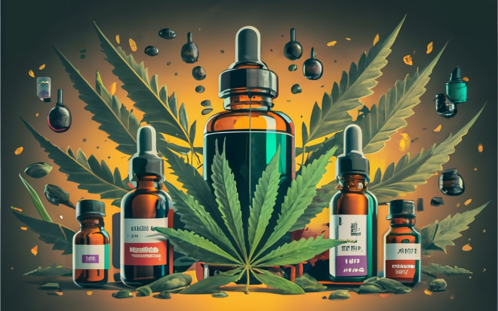 Vijaya leaf Extract, Cannabis leaf background with multiple tinctures bottles, and Vijaya leaf Extract Bottles., vibrant, conceptual art, illustration, product, typography, Discover the Benefits of Vijaya(Cannabis) Leaf Extract