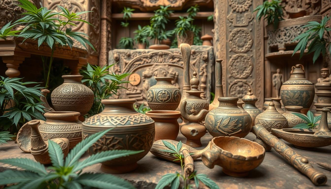 Ancient cannabis artifacts displayed in a richly decorated archaeological setting, showcasing intricate pottery and ceremonial tools adorned with cannabis motifs, surrounded by lush greenery and historical Silk Road elements – focus on texture and natural colors, THC Store India.