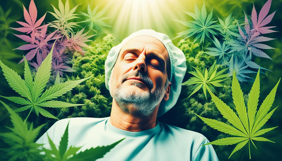 an image of a person with epilepsy finding relief through the use of medical cannabis. Show the person in a relaxed state with a calm facial expression, surrounded by nature elements such as leaves, plants, and flowers. Incorporate the medical cannabis plant into the background, emphasizing its healing properties. Use warm and soothing colors to convey a sense of comfort and ease.