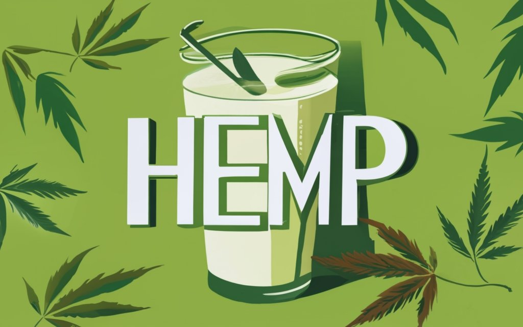 create an image of a Glass of hemp milk, with a bowl of hemp seeds, a bowl of hemp hearts, hemp leaves around in the background, with a title - "HEMP MILK" in the center. , typography, 3d render, conceptual art, illustration