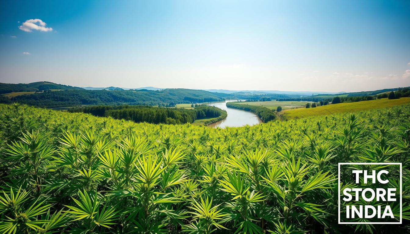 A lush, verdant hemp field stretches out under a bright, azure sky. In the foreground, lush green hemp plants sway gently in the breeze, their leaves and stems drinking in the abundant water. In the middle ground, a serene river winds its way through the landscape, reflecting the sky and the hemp plants. In the distance, rolling hills and forests create a picturesque backdrop. The scene exudes a sense of tranquility and harmony, highlighting the water-efficient nature of hemp cultivation. A sign in the corner reads "THC STORE INDIA", adding a subtle yet impactful touch to the image.