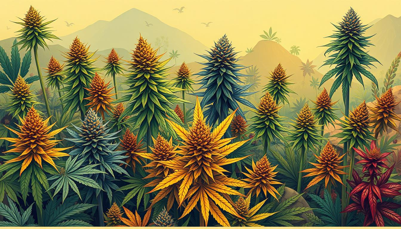 A vibrant, detailed illustration of diverse cannabis plants showcasing various strains, each with unique leaf shapes, colors, and bud formations, intertwined with subtle cultural symbols from ancient Silk Road trade routes, lush landscapes representing different environments from the East to the West, warm sunlight filtering through, emphasizing evolution and exchange, --v 5 --ar 16:9 --s 750.