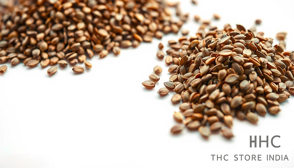 A close-up shot of a pile of organic hemp seeds, showcased against a clean, white background. The seeds are evenly scattered, allowing their intricate textures and warm, earthy tones to be highlighted. Soft, directional lighting casts subtle shadows, accentuating the three-dimensional quality of the seeds. The image has a crisp, high-resolution focus, inviting the viewer to examine the nutritional value and versatility of these superfood ingredients. In the bottom right corner, the discreet logo "THC STORE INDIA" is subtly integrated, complementing the overall natural and premium aesthetic.