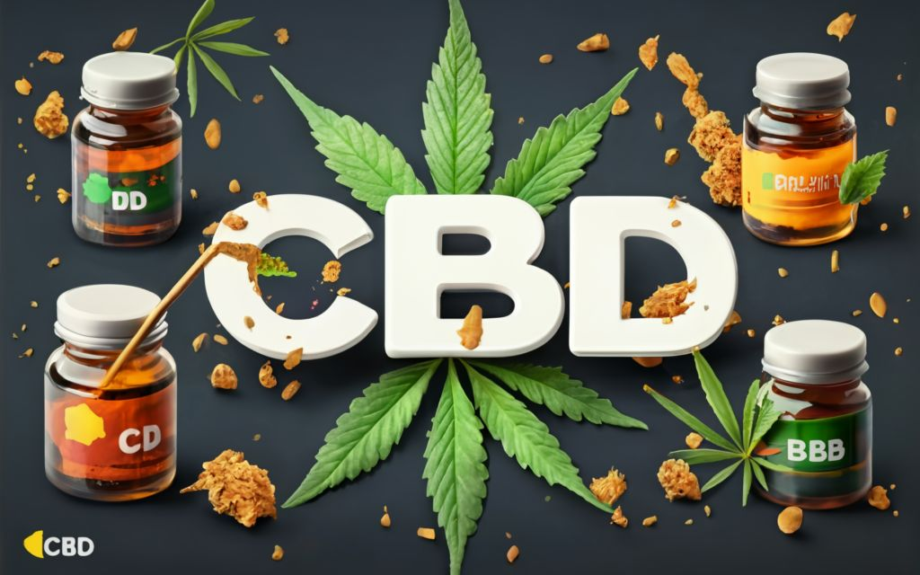"CBD DABS " - write Text with no tagline in different styles . different containers arounds with the cannabis leaf background. cannabis plant, extracts, leaf, vectors and make it HD, 3d render, cinematic, vibrant, conceptual art, typography