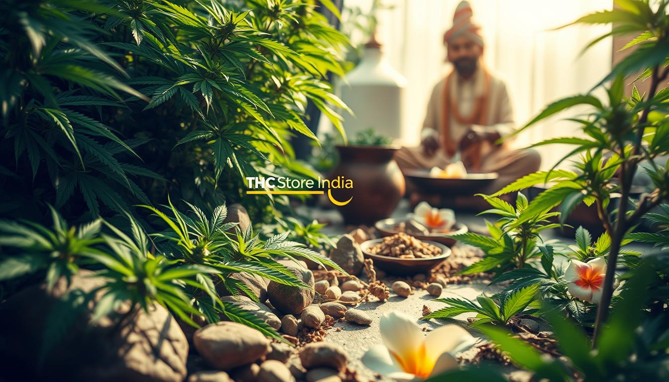 A serene and tranquil scene featuring lush green cannabis plants, surrounded by various natural healing elements like stones, herbs, and flowers. Sunlight filters through the leaves, creating a peaceful ambiance. In the background, a traditional Indian healer can be seen preparing herbal remedies with Bhang. A subtle representation of holistic wellness is evident in the harmonious blend of nature and healing practices. The atmosphere exudes rejuvenation and vitality. Include the brand name "THC Store India" subtly integrated into the environment, perhaps as part of a signpost or decorative element in the scene.