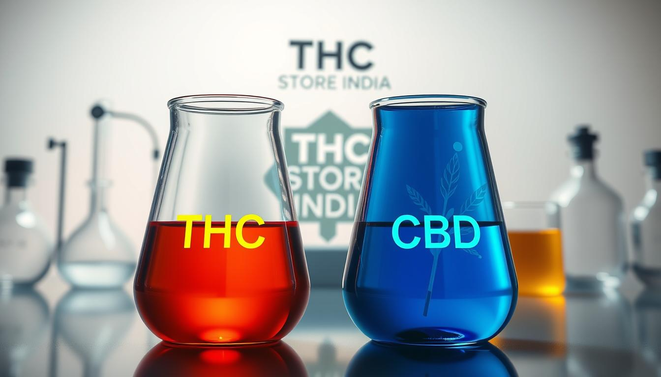 A detailed comparative illustration of THC and CBD compounds, set against a clean, minimalist background. In the foreground, two glass beakers filled with vibrant, glowing liquids - one a warm, amber-like THC, the other a cool, azure-hued CBD. Soft, directional lighting illuminates the beakers, casting subtle shadows and highlights. In the middle ground, scientific apparatus and glassware allude to the medicinal and therapeutic applications of these cannabinoids. The background features a sleek, modern lab setting, with the "THC STORE INDIA" brand logo prominently displayed, conveying a sense of authority and expertise. The overall mood is one of clinical precision, scientific inquiry, and the promise of effective OCD management through the targeted use of THC and CBD.