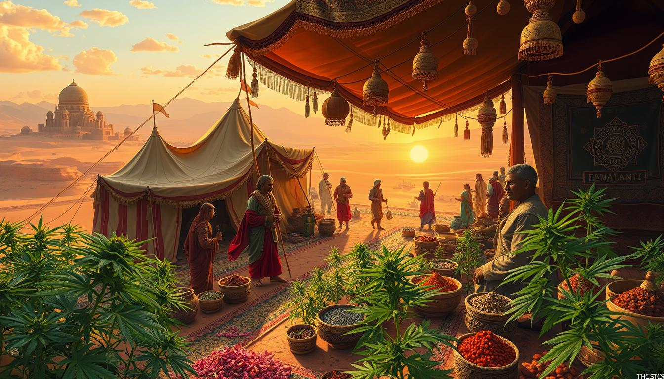 Ancient traders on the Silk Road exchanging cannabis, vibrant market scene with tents and goods, intricate textiles and spices, lush green cannabis plants, picturesque desert landscape, distant mountains, warm sunset glow, rich cultural diversity, bustling activity and expressions of trade. THC Store India.