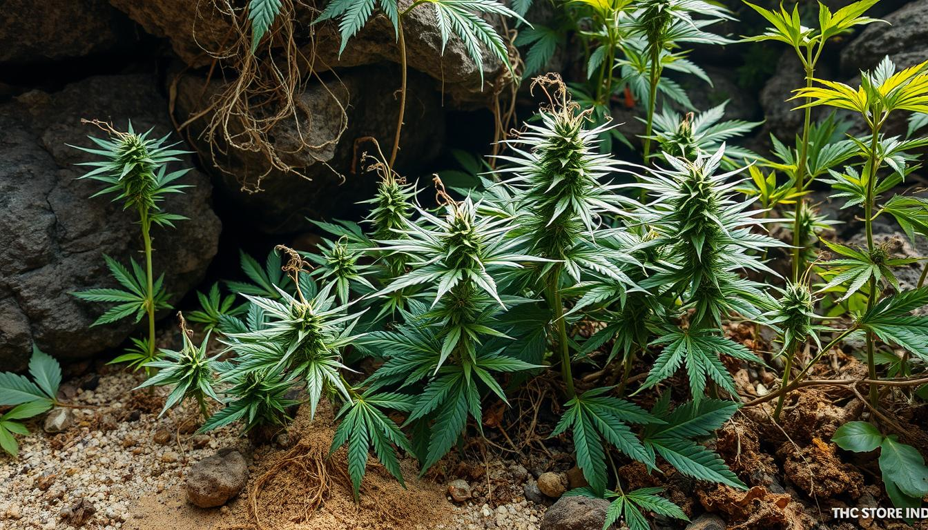 "Vibrant cannabis plants showcasing various growth forms and adaptations, intertwining roots and stretching branches, surrounded by diverse environmental elements like rocky terrain, sandy soils, and moist wetlands, highlighting the concept of plasticity in nature; rich green hues with contrasting earthy tones, soft sunlight filtering through leaves; THC STORE INDIA."