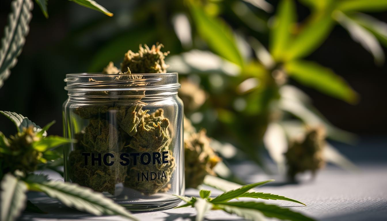 A detailed close-up of medical cannabis buds and leaves, with a glass jar labeled "THC STORE INDIA" in the foreground. The cannabis is illuminated by soft, natural lighting from the side, casting subtle shadows and highlighting the intricate textures and vibrant green hues. The background is blurred, creating a sense of depth and focus on the cannabis specimen. The overall mood is one of scientific inquiry and research, conveying the importance of understanding the potential therapeutic applications of cannabis for OCD management.