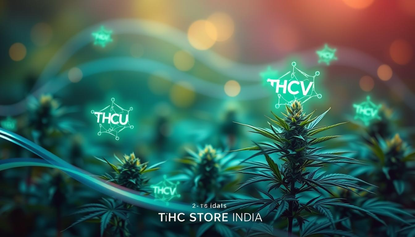 A serene and vibrant herbal landscape featuring cannabis plants prominently, with glowing THCV molecules symbolizing their therapeutic properties, surrounded by calming elements like gentle waves and soothing colors, encapsulating health and wellness, with the brand name "THC STORE INDIA" subtly blended into the background.
