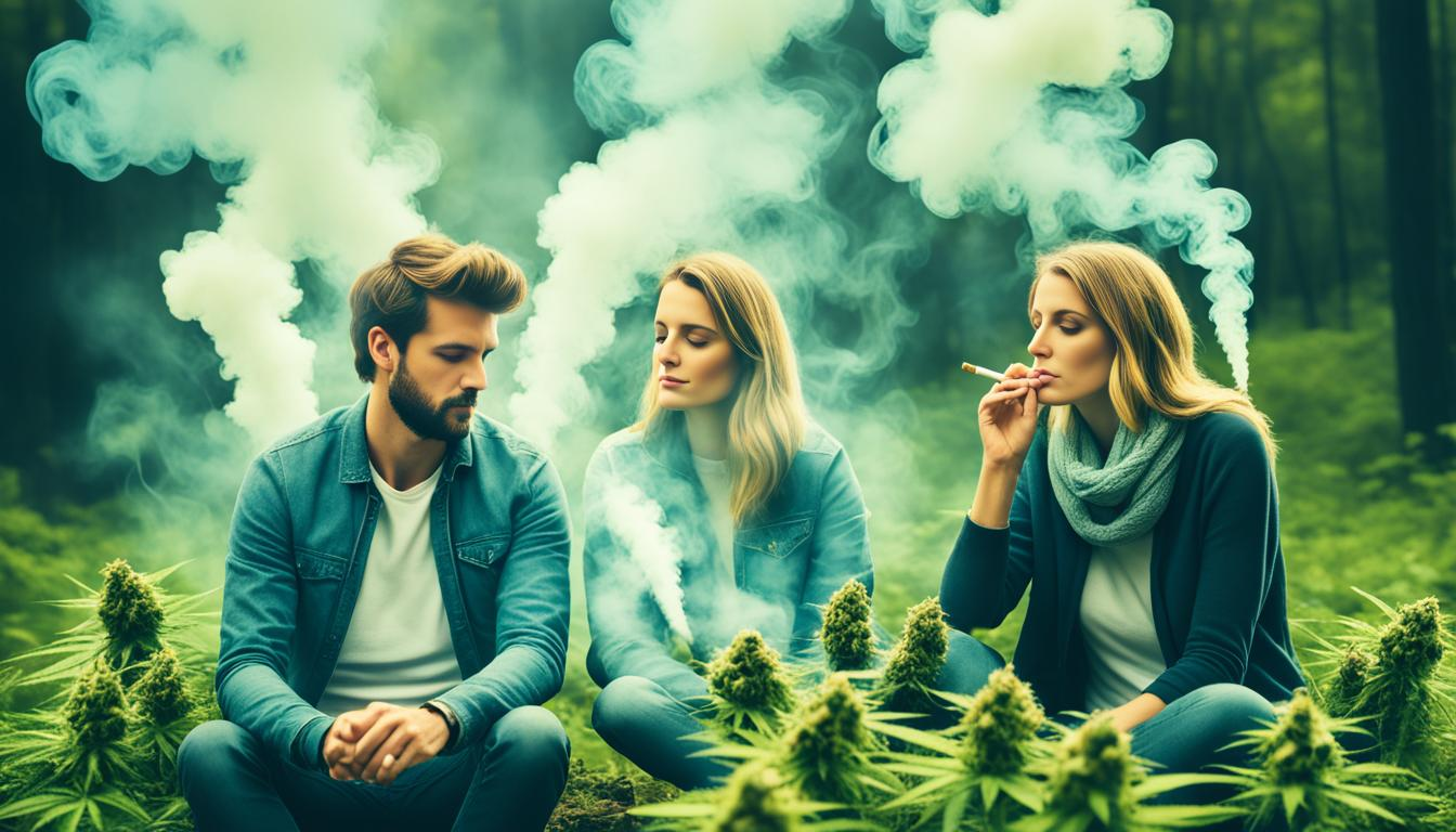 A visualization of the decline in cigarette use due to the legalization of cannabis. Show a group of people who were once regular cigarette smokers, now enjoying cannabis instead. The image should convey a sense of relaxation and enjoyment, with perhaps some greenery or nature elements present. Avoid any explicit reference to drug use and keep the tone upbeat and positive.