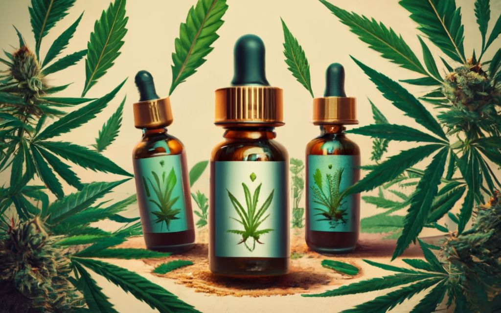 vijaya leaf extract bottle with cannabis buds around