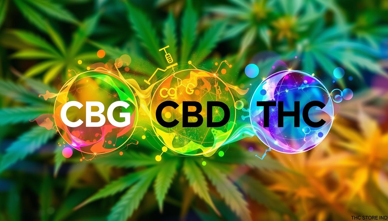"Visual representation of the entourage effect in cannabis, showcasing various cannabinoids like CBG, CBD, and THC interacting harmoniously, vibrant colors blending together, a botanical background with cannabis leaves, highlighting the synergy and balance among the different components, abstract art style, ethereal and dynamic composition --v 5 --ar 16:9 --q 2, THC STORE INDIA"