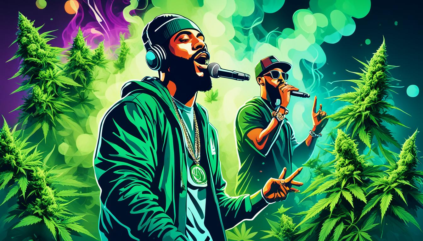 An illustration of a group of hip-hop artists surrounded by smoke and cannabis plants, with microphone stands and DJ equipment visible in the background. One rapper could be holding a joint, while another is exhaling smoke towards the audience. The overall vibe should be cool and relaxed, with a nod to the growing acceptance of cannabis within the music industry.