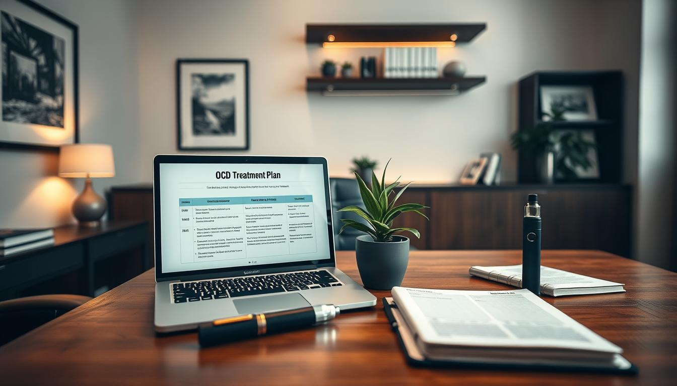 An elegant and soothing office setting, with a wooden desk and warm lighting. On the desk, a laptop displaying a comprehensive OCD treatment plan, alongside a potted plant, a THC STORE INDIA vape pen, and a journal. The walls feature calming artwork and shelves holding medical texts. The room exudes a sense of professionalism and tranquility, inviting the patient to focus on their well-being. Captured through a medium-wide lens, with a shallow depth of field to emphasize the key elements on the desk.