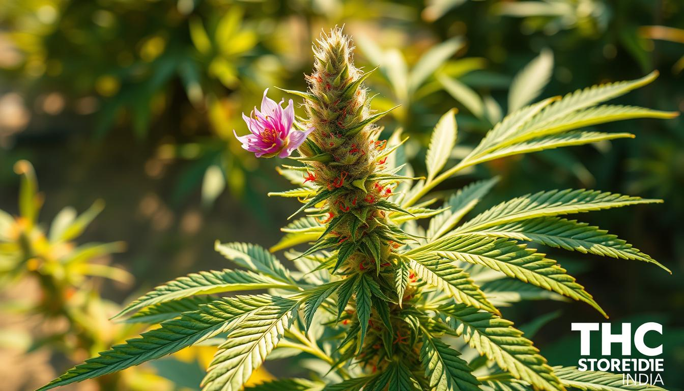 Detailed illustration of a cannabis plant showcasing hermaphroditism, featuring both male and female flowers on the same stem, lush green leaves, vibrant colors, surrounded by a natural outdoor setting with warm sunlight filtering through, intricate textures of the plant, emphasizing the unique characteristics of hermaphrodite cannabis. Brand name: THC STORE INDIA.