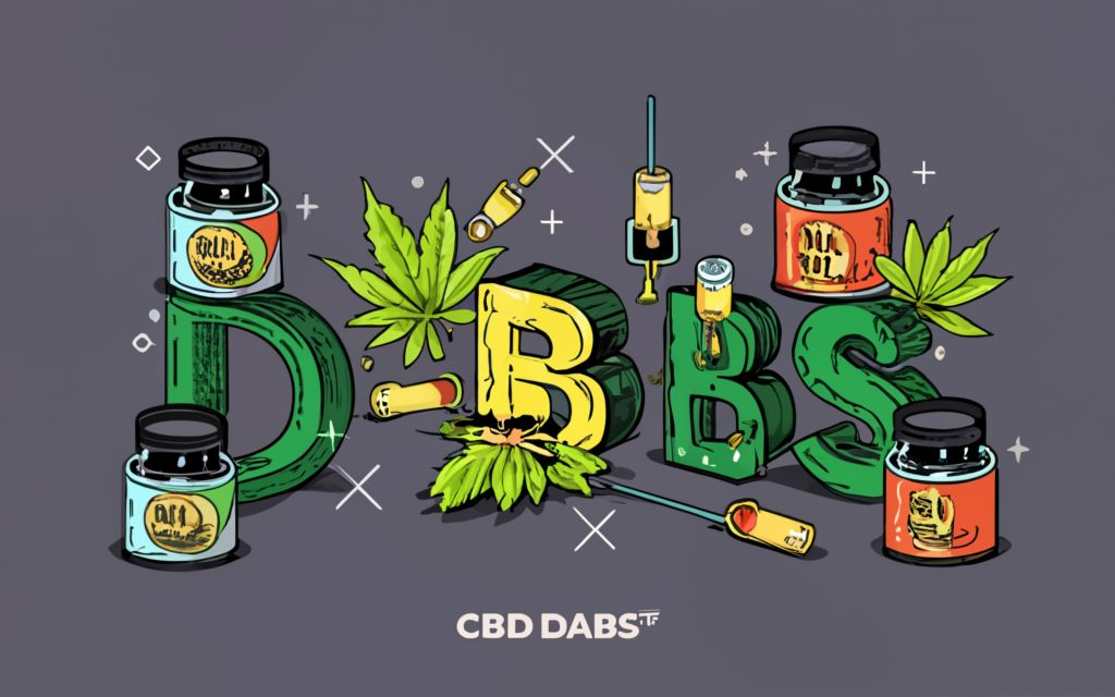 "CBD DABS " - write Text with no tagline in different styles . different containers arounds with the cannabis leaf background. cannabis plant, extracts, leaf, vectors and make it HD - text in the center CBD DABS