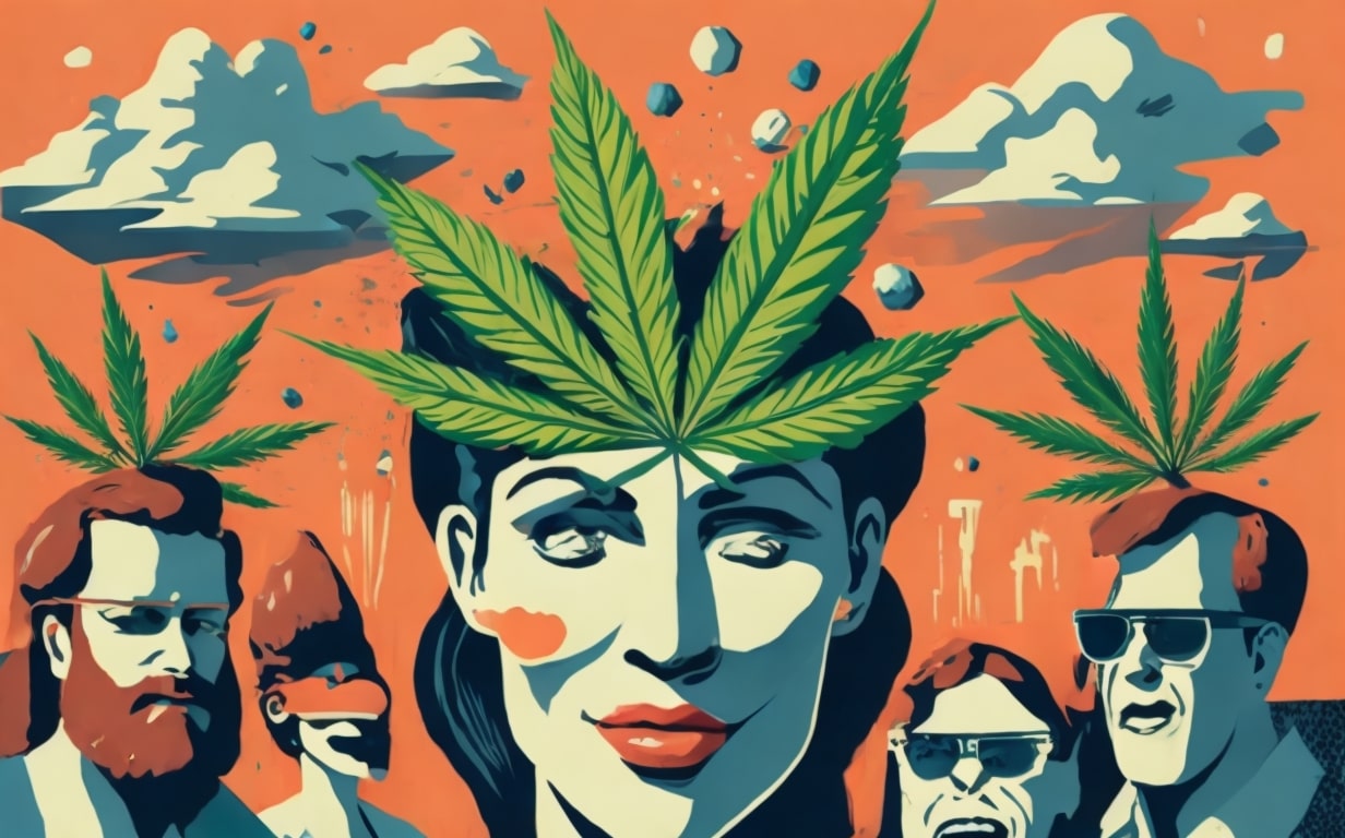 Humans, people, Face closeup, painting style, Hemp leaf on foreheads, pinkish background