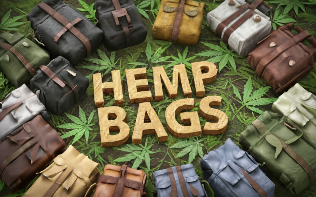 Hemp bags with title in the center with cannabis leaf