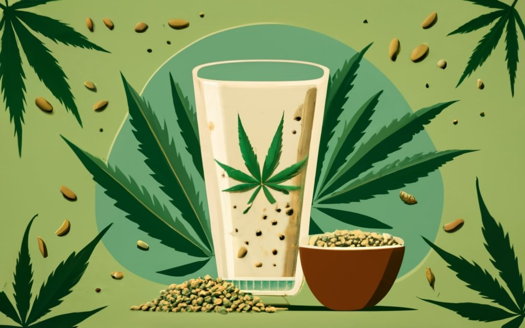 create an image of a Glass of hemp milk, with a bowl of hemp seeds, a bowl of hemp hearts, hemp leaves around in the background, with a title - "HEMP MILK" in the center. , typography, 3d render, conceptual art, illustration