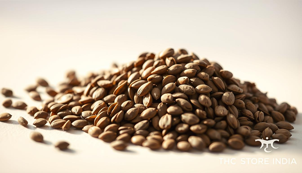 High-quality close-up photograph of a handful of organic hemp seeds, lit from the side with soft, warm lighting to highlight the textures and natural colors. The hemp seeds are placed on a clean, simple white background, allowing them to be the sole focus of the image. The lighting creates a sense of depth and dimension, while the overall composition and styling convey a sense of natural, premium quality. In the foreground, the hemp seeds are in sharp focus, while the background is slightly blurred to draw the viewer's attention to the main subject. The image should evoke a sense of natural health and wellness, reflecting the user's intent to learn more about hemp seed oil and its potential applications. Include a small "THC STORE INDIA" logo discreetly placed in the bottom right corner.