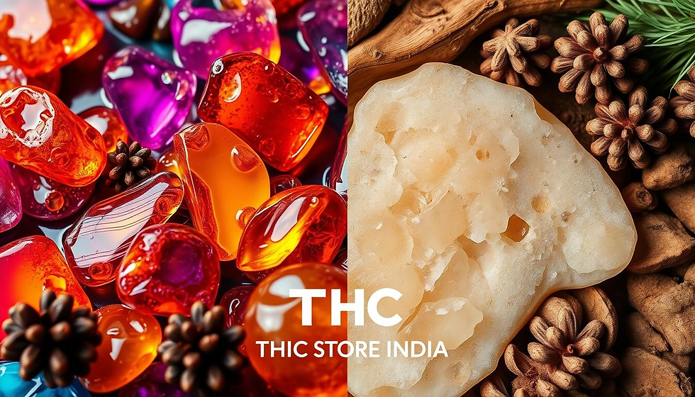 A split image showcasing the contrasting worlds of resin and rosin, with one side featuring vibrant, glossy resin in various colors and shapes, shimmering under light, while the other side displays natural, earthy-toned rosin with a soft texture and a matte finish. Incorporate elements like dripping resin and solidified rosin pieces, surrounded by organic materials like pine cones and wood, emphasizing the distinction between synthetic and natural sources. Include the brand name "THC STORE INDIA" subtly integrated into the design without any text or characters.