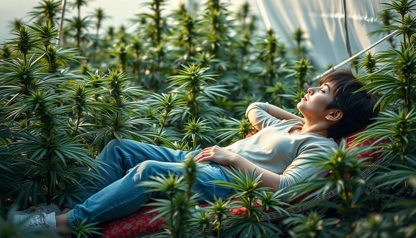 person sleeping on a bed in the cannabis field