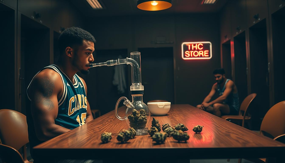 A dimly lit locker room, with professional athletes gathered around a central table. On the table, a glass bong and several cannabis buds are prominently displayed, reflecting the warm glow of overhead lights. In the foreground, a basketball player in full uniform takes a hit, their expression focused and determined. In the background, a soccer player and a swimmer sit, discussing the benefits of cannabis use for recovery and focus. The overall mood is one of openness and camaraderie, as the athletes openly embrace the therapeutic potential of THC. A neon sign in the corner reads "THC STORE INDIA", subtly hinting at the normalization of cannabis use in this elite sports environment.