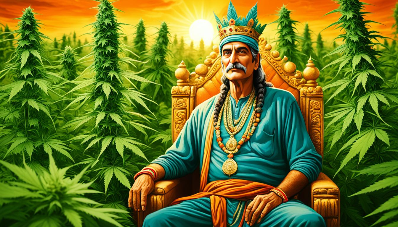 An ancient Indian king sitting on a throne surrounded by fields of lush green cannabis plants. The king holds a cannabis plant in his hand, looking at it with admiration and wisdom. In the distance, a group of farmers can be seen harvesting the plants with traditional tools. The sky is painted in warm, vibrant colors of orange and yellow as the sun sets behind the king's palace.
