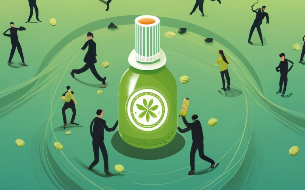 top view of Vijaya Leaf extract bottle in the center of a crowd surrounding