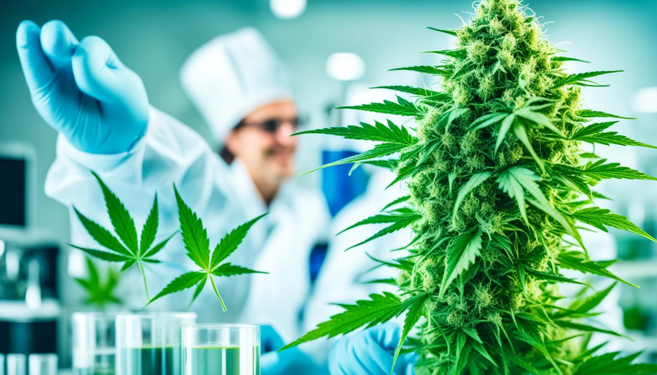 A healthy green cannabis plant with leaves that are densely packed and coated in sticky trichomes. The plant is surrounded by scientific and medical equipment, such as test tubes and beakers, suggesting its use in research and medicine. In the background, there are images of happy, healthy people engaged in various activities, demonstrating the positive effects of medical cannabis on quality of life.