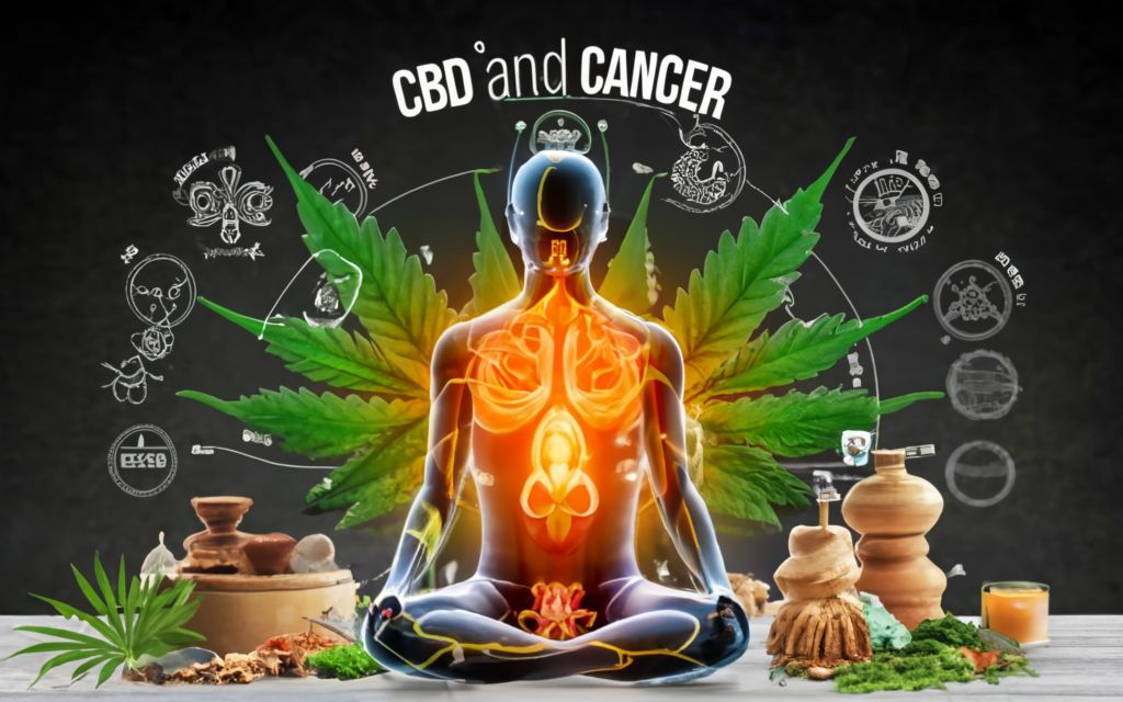 "CBD and Cancer in India", TITLE in the bottom -cannabis leaf in the forehead of the inner body functions, long shot of the full body. with ayurvedic herbs behind the person, 3d render